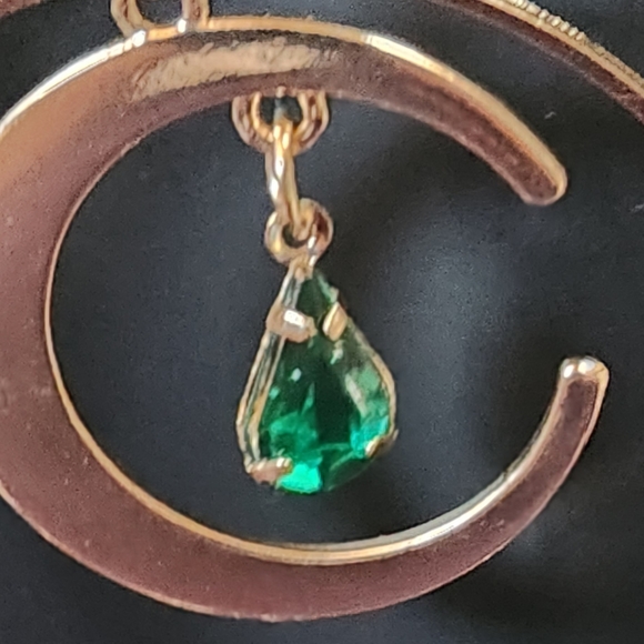 Gold Hoops Dangling Moon Butterfly with Faux Emerald Teardrop Earrings NWT - Picture 3 of 6
